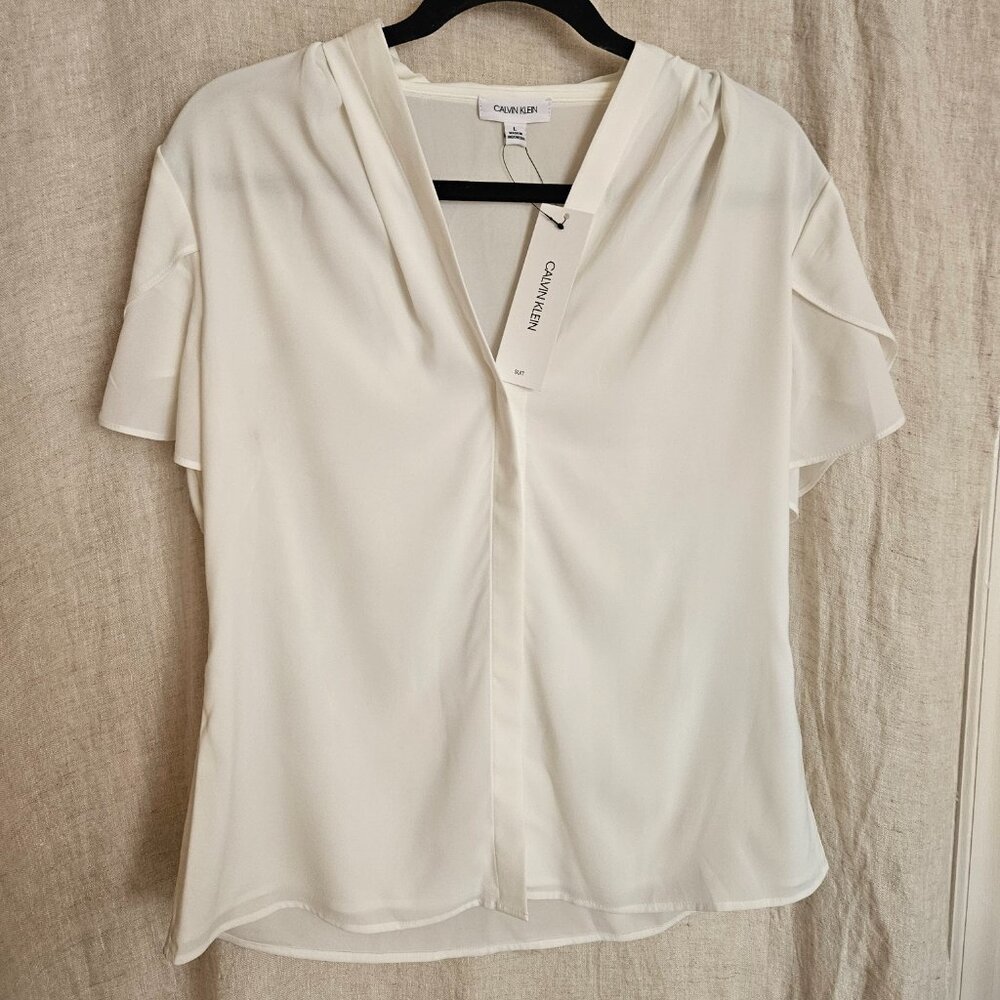 NWT Calvin Klein White Blouse Flutter Sleeve V-Neck Silky Top